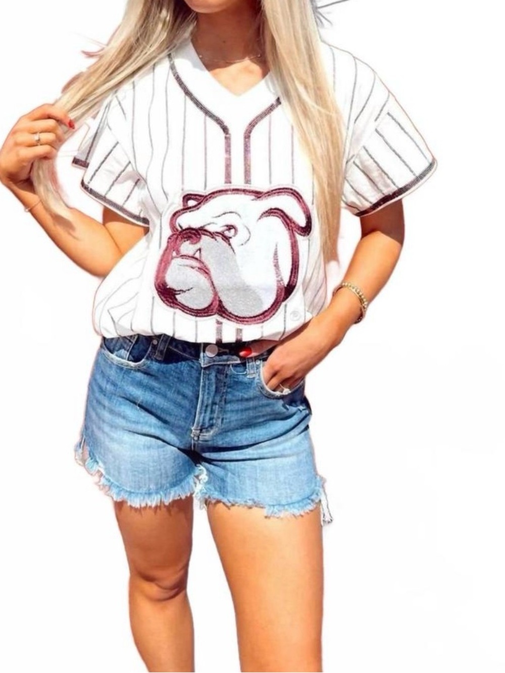NEW Queen of Sparkles Licensed White & Maroon Stripe MSU Bulldog Head Tee. XL